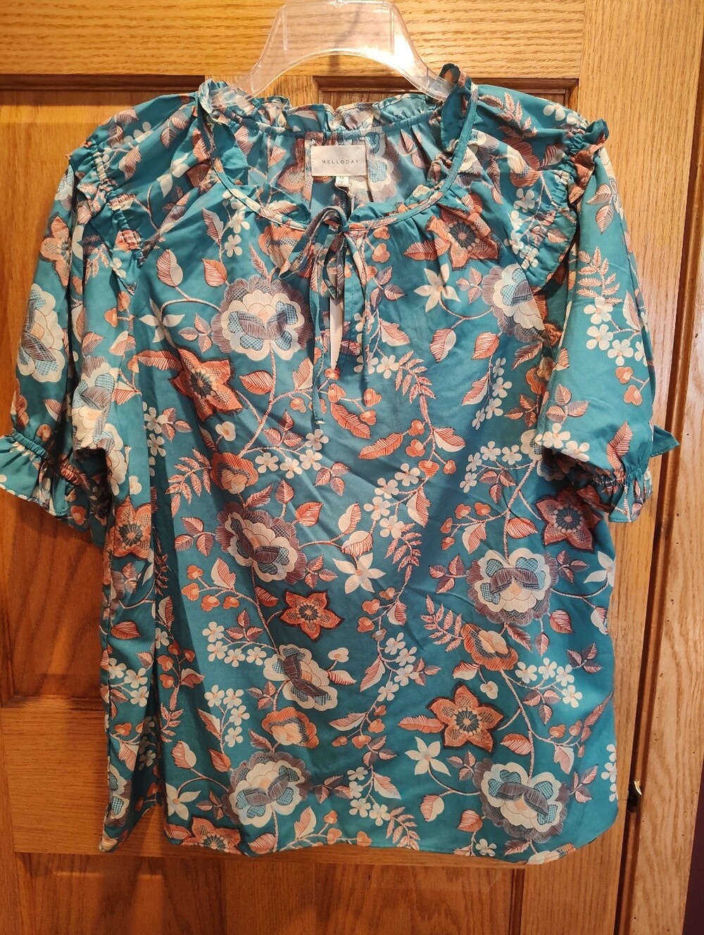MELLODAY Teal Floral Ruffle, Tie-Neck Short Sleeve Blouse